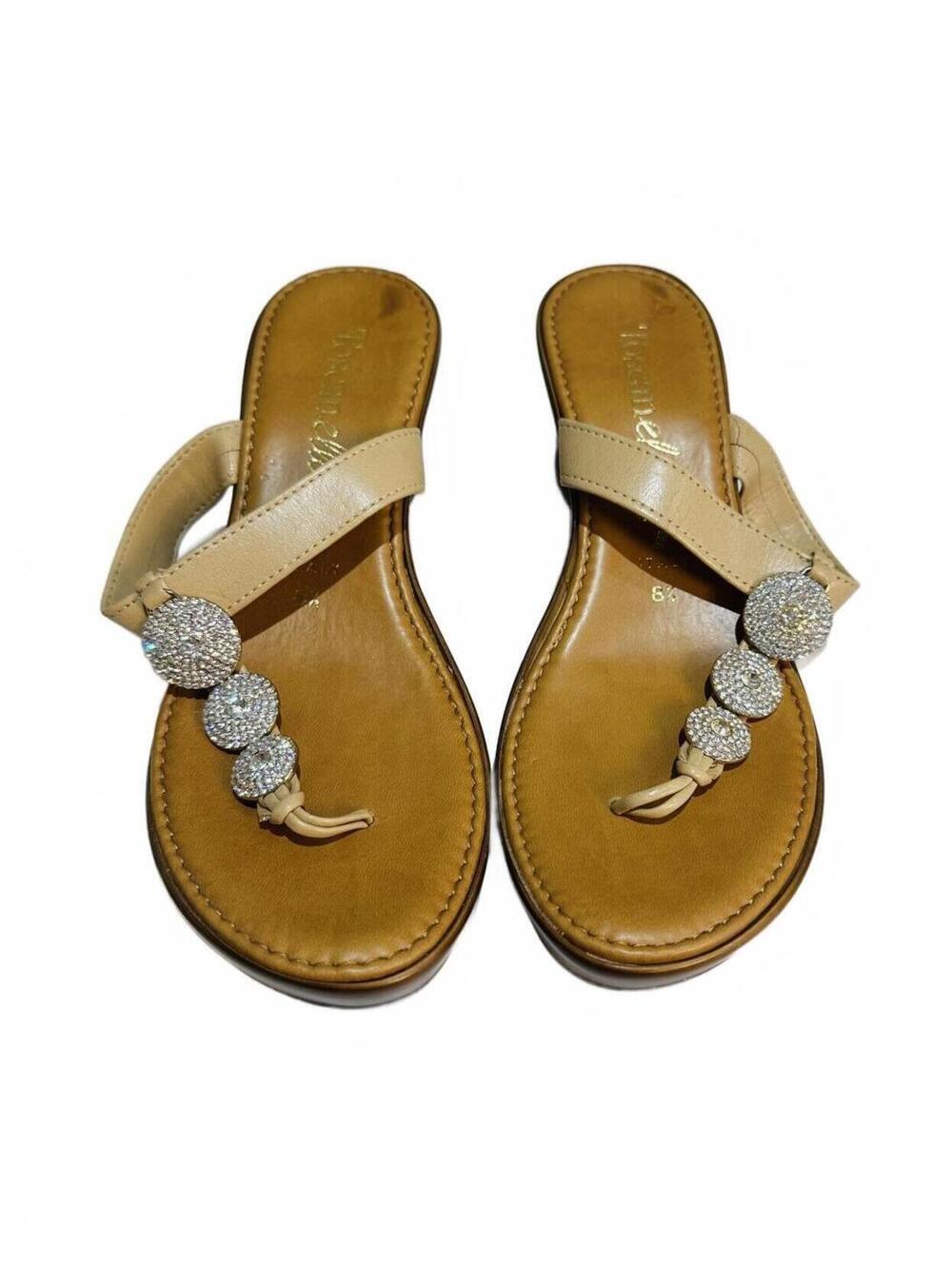 Toscanella Beige Wedge Sandals with Decorative Rhinestone Buttons Size 8.5
